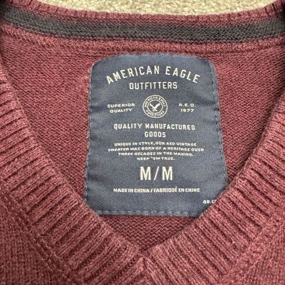 American Eagle Outfitters Pullover Sweater Mens Medium Burgundy Cotton V-Neck - Picture 5 of 13